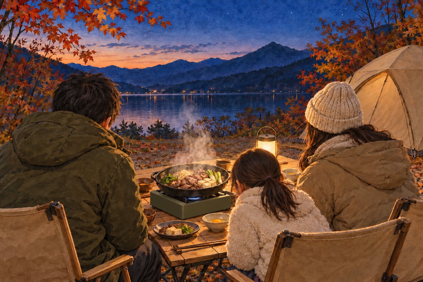 晩秋の夕暮れ、湖畔のキャンプサイトのテーブルでカセットコンロにかけたすき焼き鍋から湯気が立ち、大人2人と子ども1人が囲んでいる水彩イラスト
