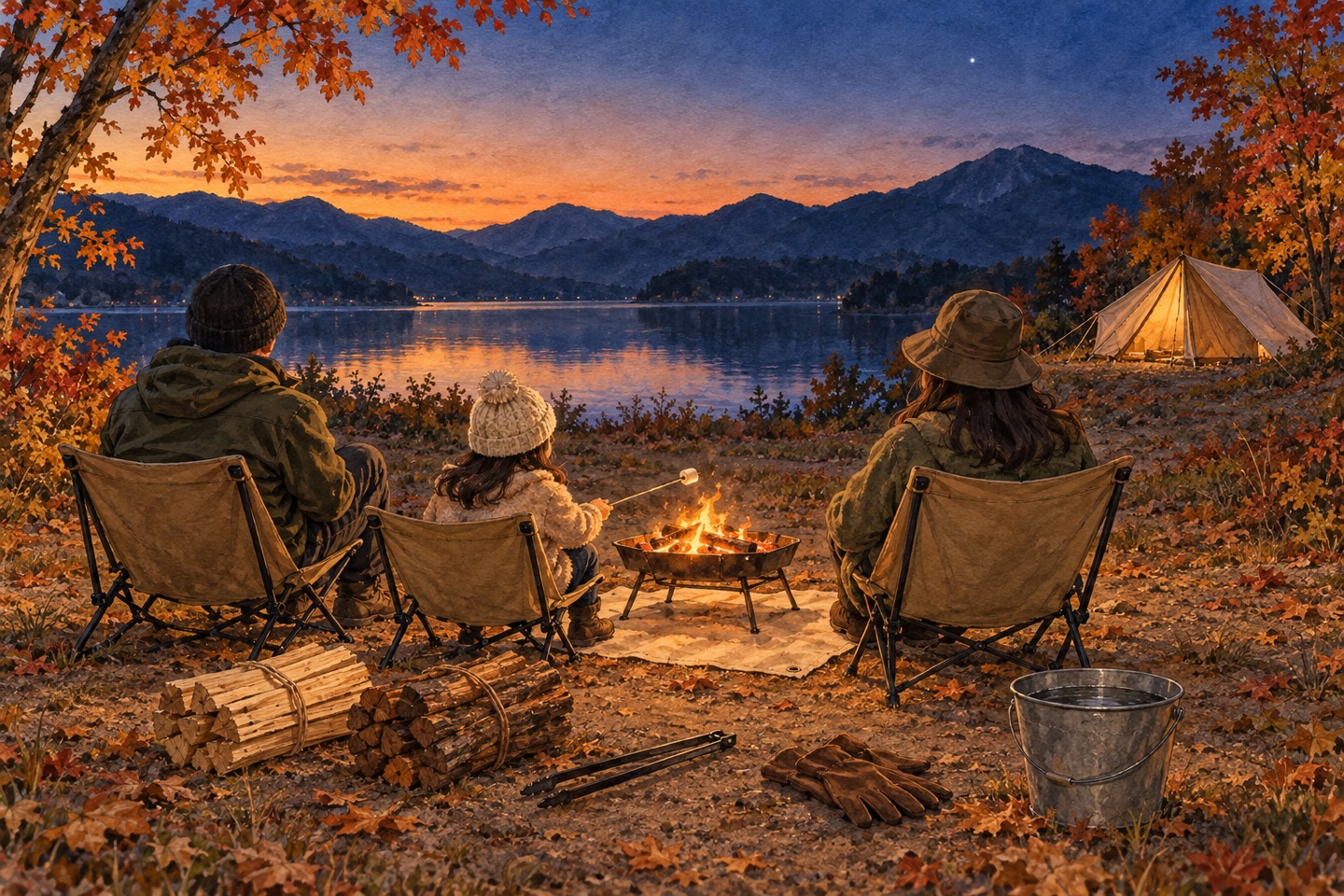 秋の夕暮れの湖畔のキャンプ場で、焚き火シートの上の焚き火台に低い炎が燃え、そばに薪の束・火ばさみ・革のグローブ・水のバケツ。低い椅子に座った大人2人と子どもが火を囲み、子どもは串でマシュマロをあぶっている。奥に湖と山、空に一番星が見える水彩イラスト