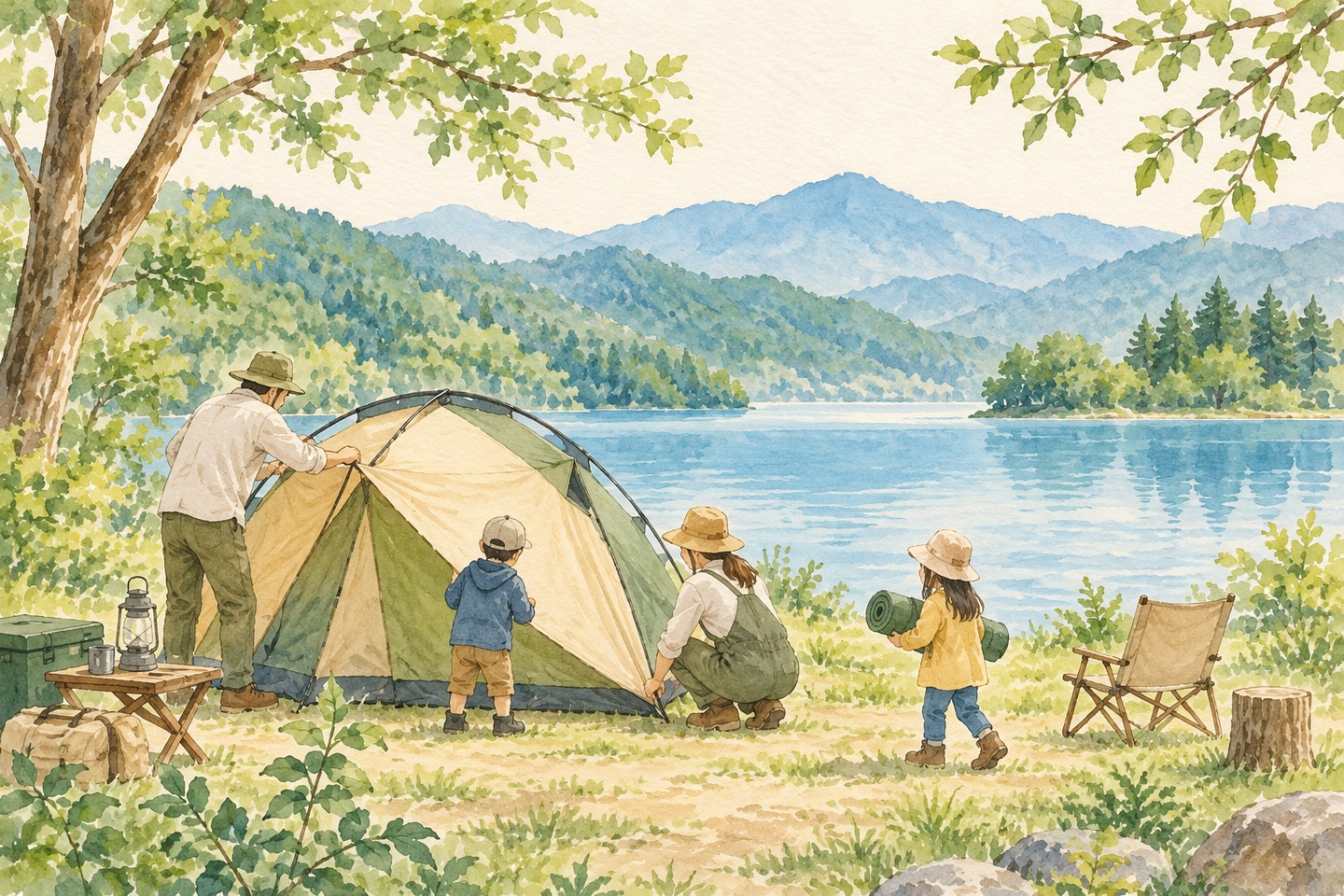 湖と木々を背景に、家族でテントを張り、子どもがマットを運ぶ水彩イラスト