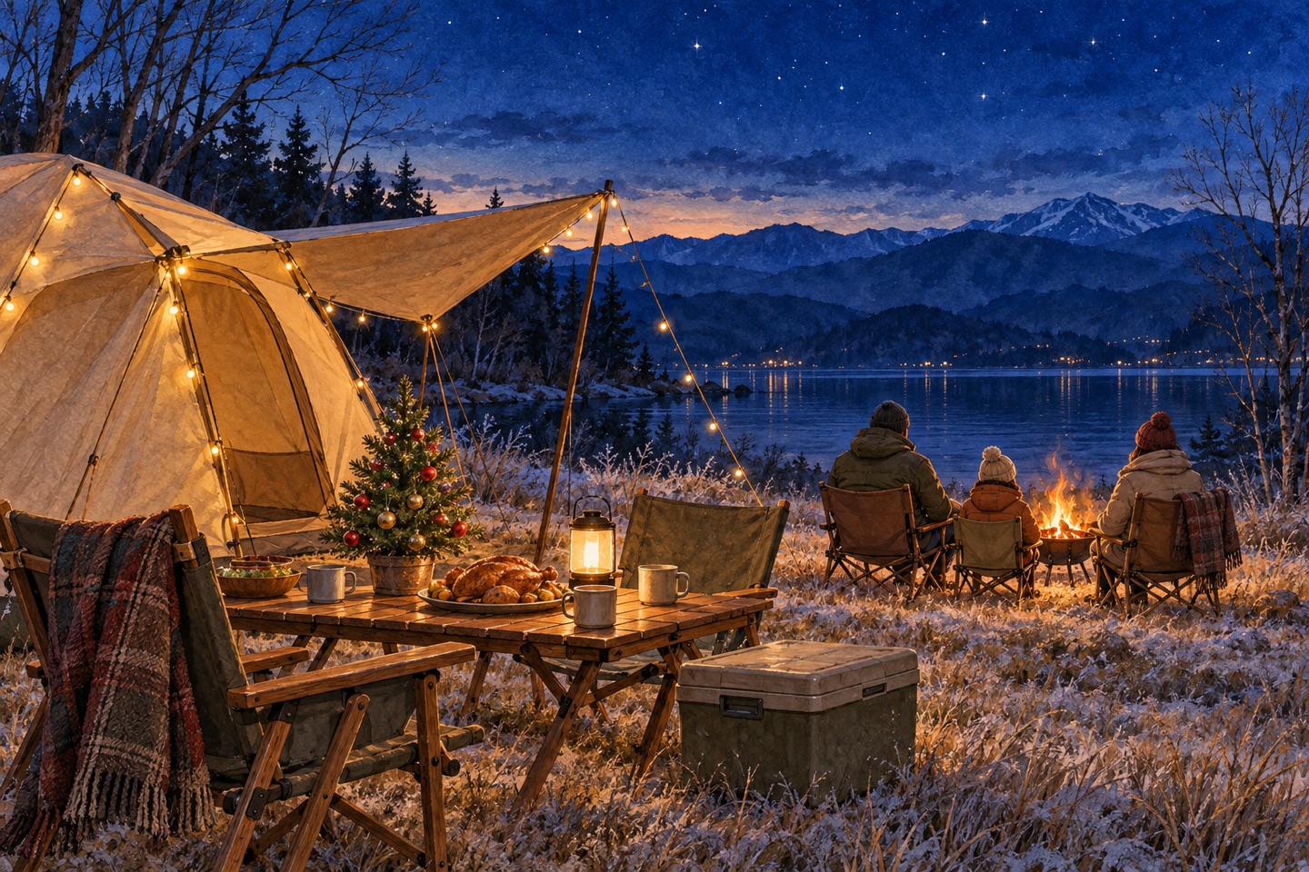 12月の夕暮れ、湖畔のキャンプサイトでテントとタープに小さな電飾が灯り、テーブルに卓上ツリーとローストチキン、横にクーラーボックス、家族が焚き火台を囲む水彩イラスト