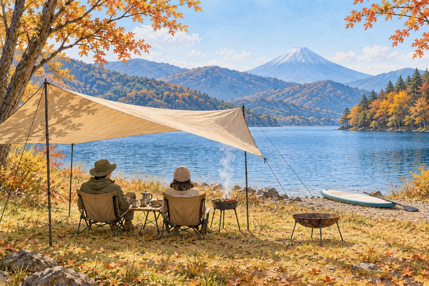 秋の晴れた昼、湖畔のキャンプサイトに小さなタープが張られ、イスに座った大人2人のそばでBBQグリルから細い煙が上がり、水際にSUPボードが置かれた水彩イラスト