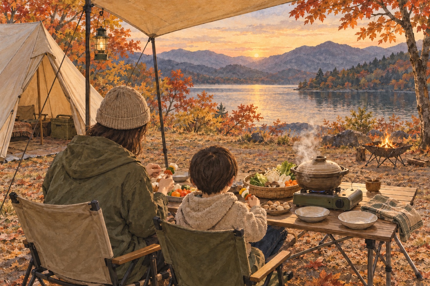秋の夕方、湖畔のキャンプ場のタープの下で、家族が湯気の立つ鍋を囲んでご飯の支度をし、子どもが大人と一緒に串に具材を刺している水彩イラスト。奥に紅葉の木々と湖